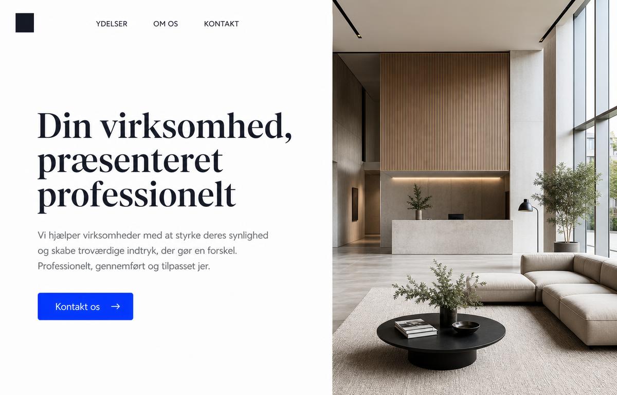 Designudkast fra NevoSites: moderne virksomhedshjemmeside med stor overskrift og tydelig kontaktknap